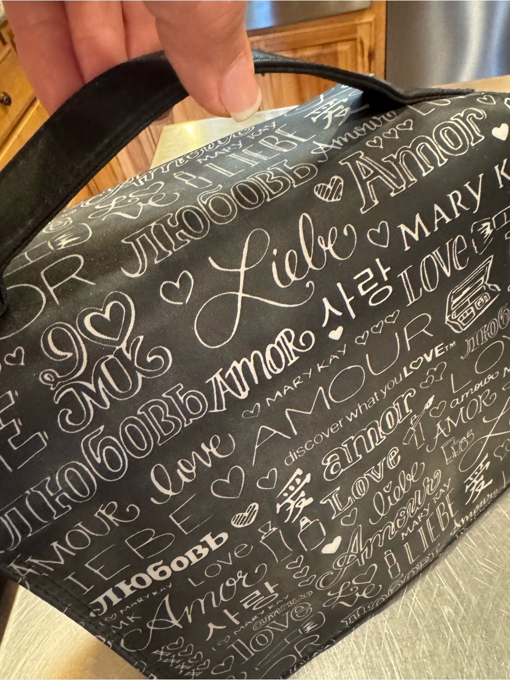 Mary Kay Black Cosmetic Case with White Multilingual 'Love' Script/Bath Bomb